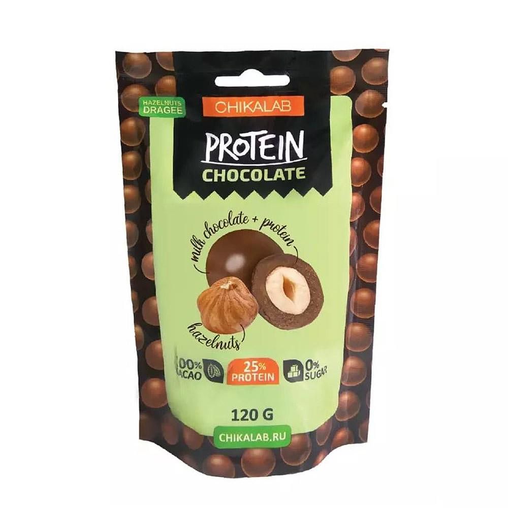 Изображение товара Драже Chikalab Protein Chocolate, 25% протеина, без сахара, фундук в шоколаде, 120 г