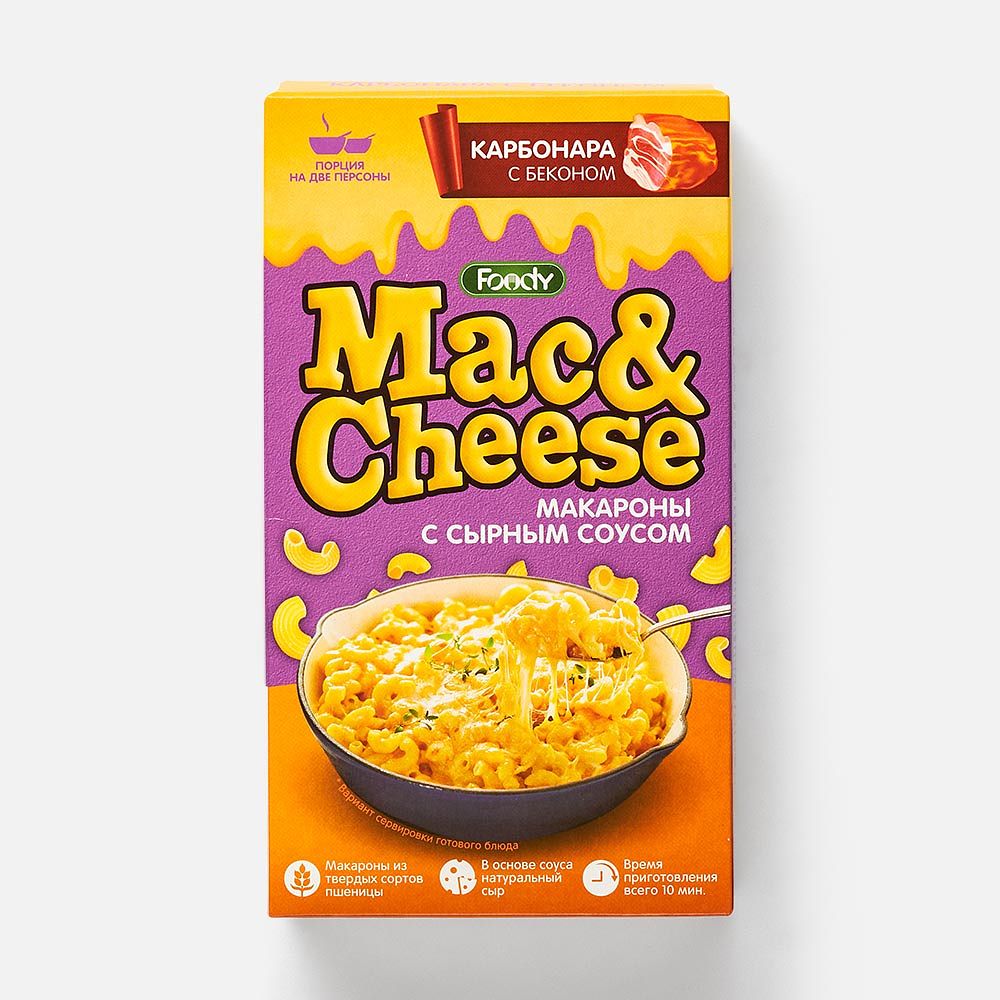 Изображение товара Макароны Foody Mac & Cheese, карбонара с беконом, с сырным соусом, 143 г