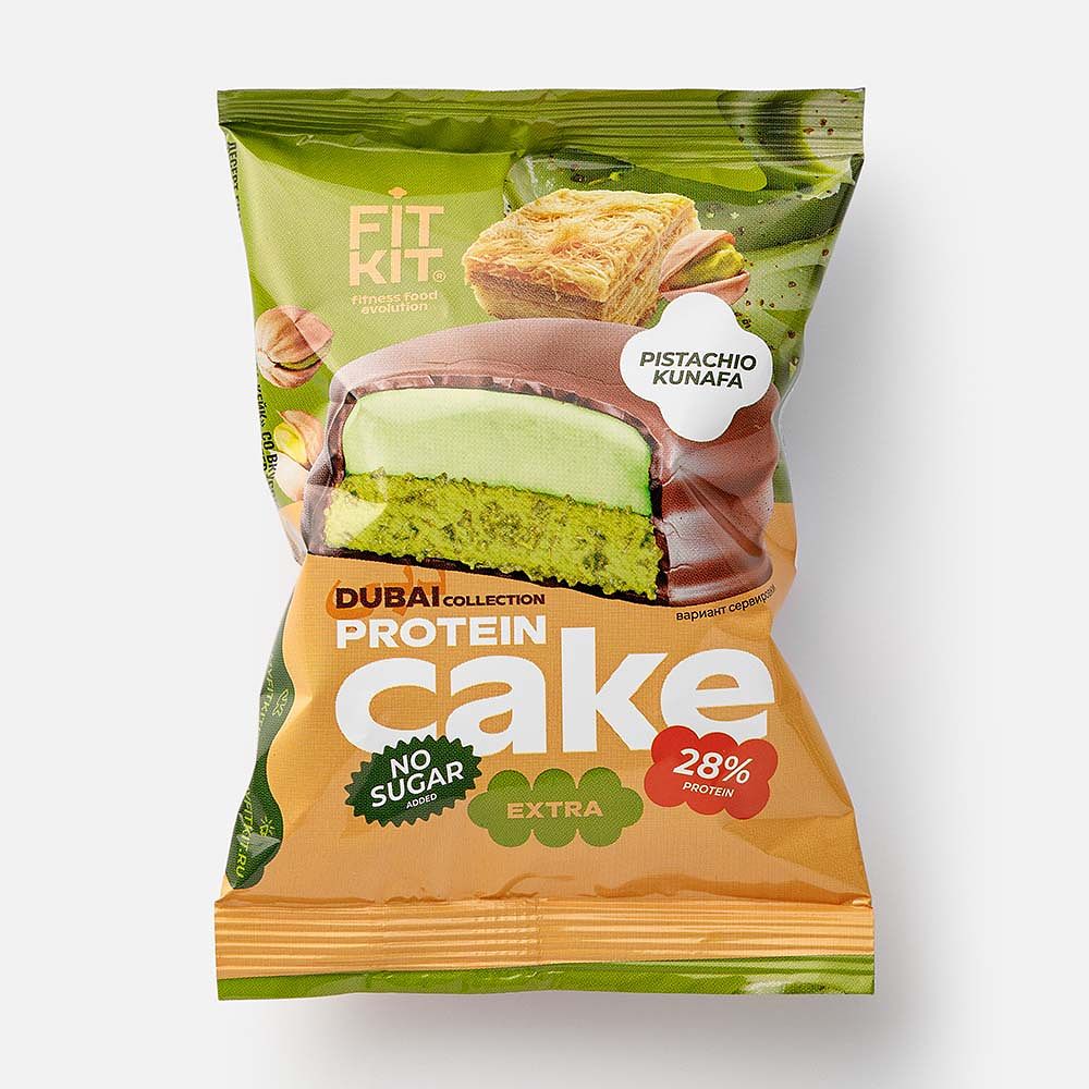 Изображение товара Десерт Fit Kit, Экстра кейк, 28% протеина, глазированный, фисташковая кунафа, 50 г