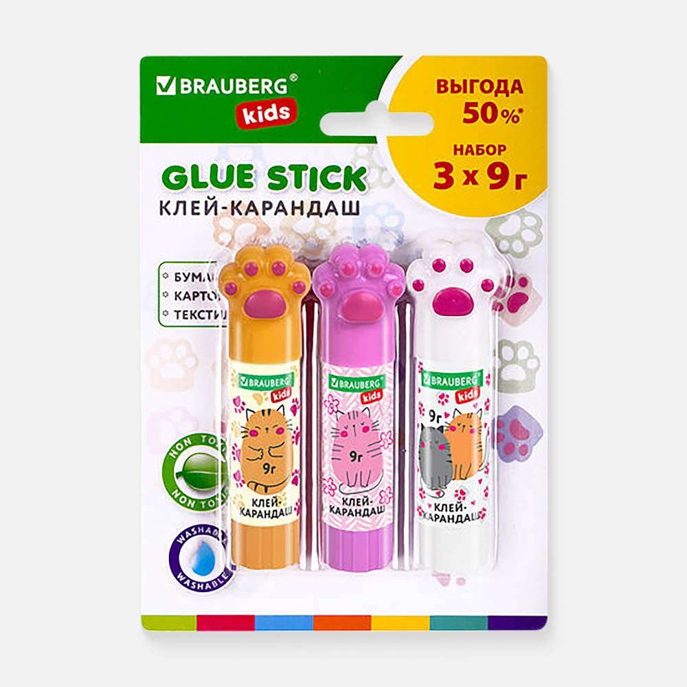 Изображение товара Клей карандаш Brauberg Kids Лапки, для бумаги и картона, 3 шт.