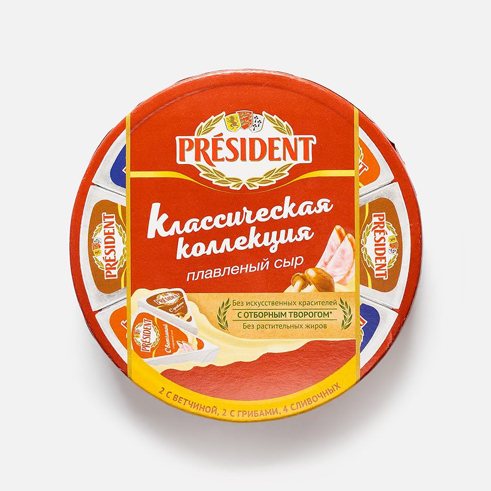 Изображение товара Плавленый сыр Président, Классическая коллекция, сливочный, с грибами и ветчиной, 45%, 140 г