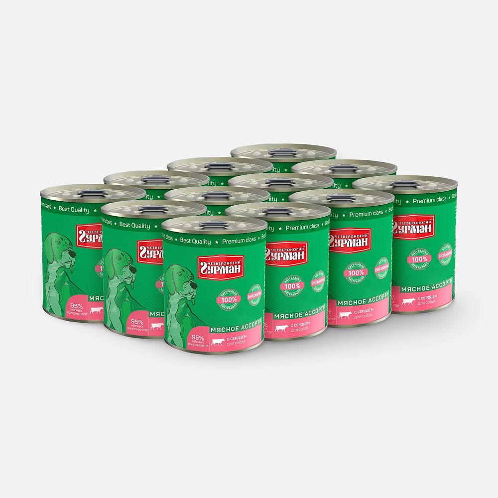 Изображение товара Консервы для собак Четвероногий Гурман Мясное ассорти, сердце, 12 шт. х 340 г