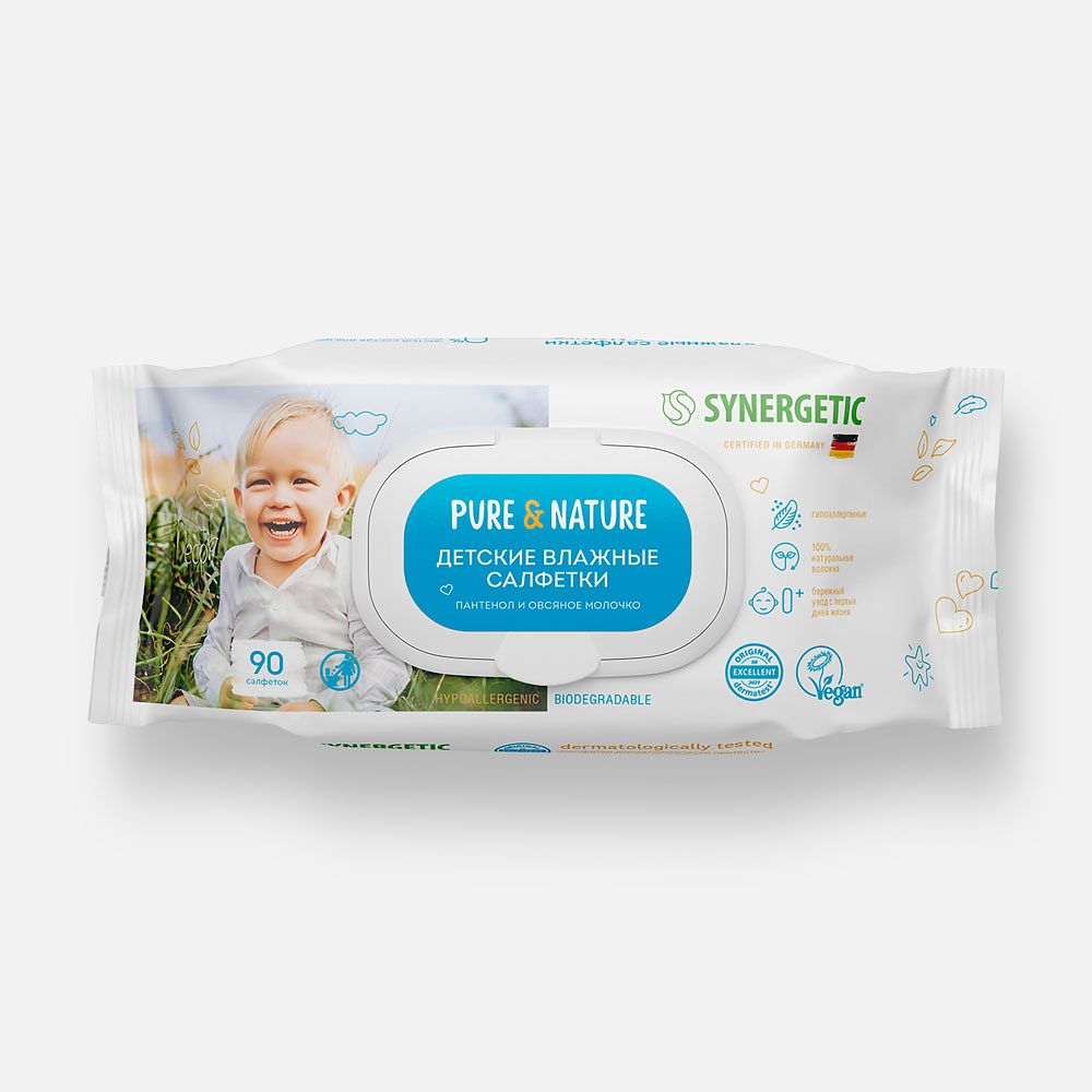 Изображение товара Влажные салфетки Synergetic Pure & Nature, детские, пантенол и овсяное молочко, с клапаном, 90 шт.