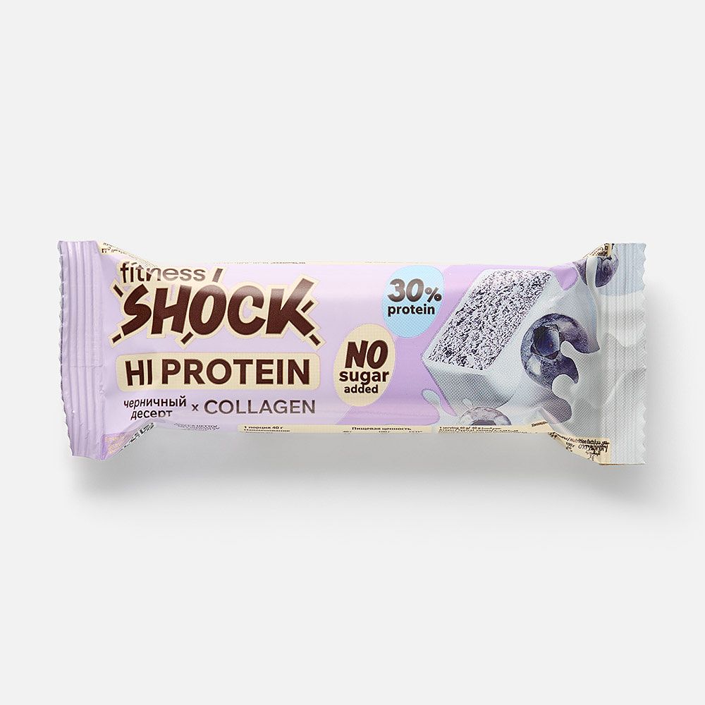 Изображение товара Батончик FitnesShock Hi Protein, 30% протеина, без сахара, черничный десерт, в глазури, 40 г