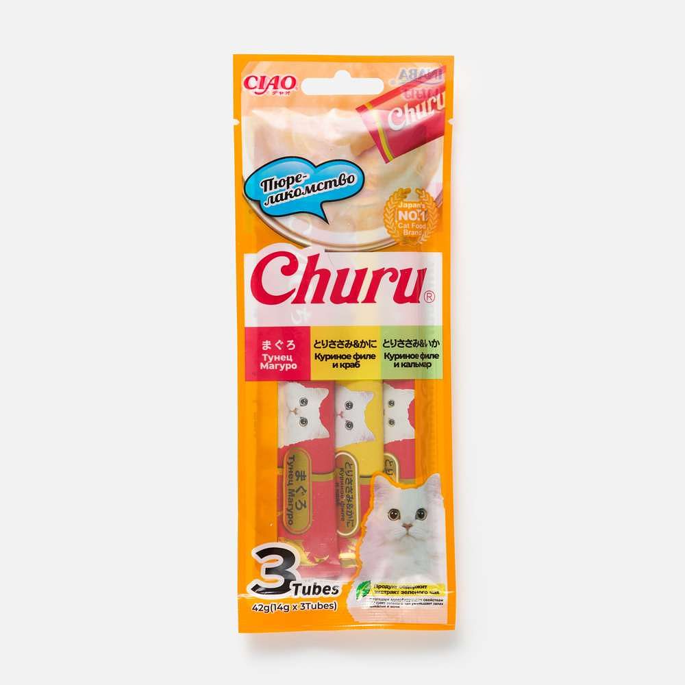 Изображение товара Пюре-лакомство Inaba Ciao Churu, для кошек, тунец магуро, курица и краб, курица и кальмар, 3x14 г
