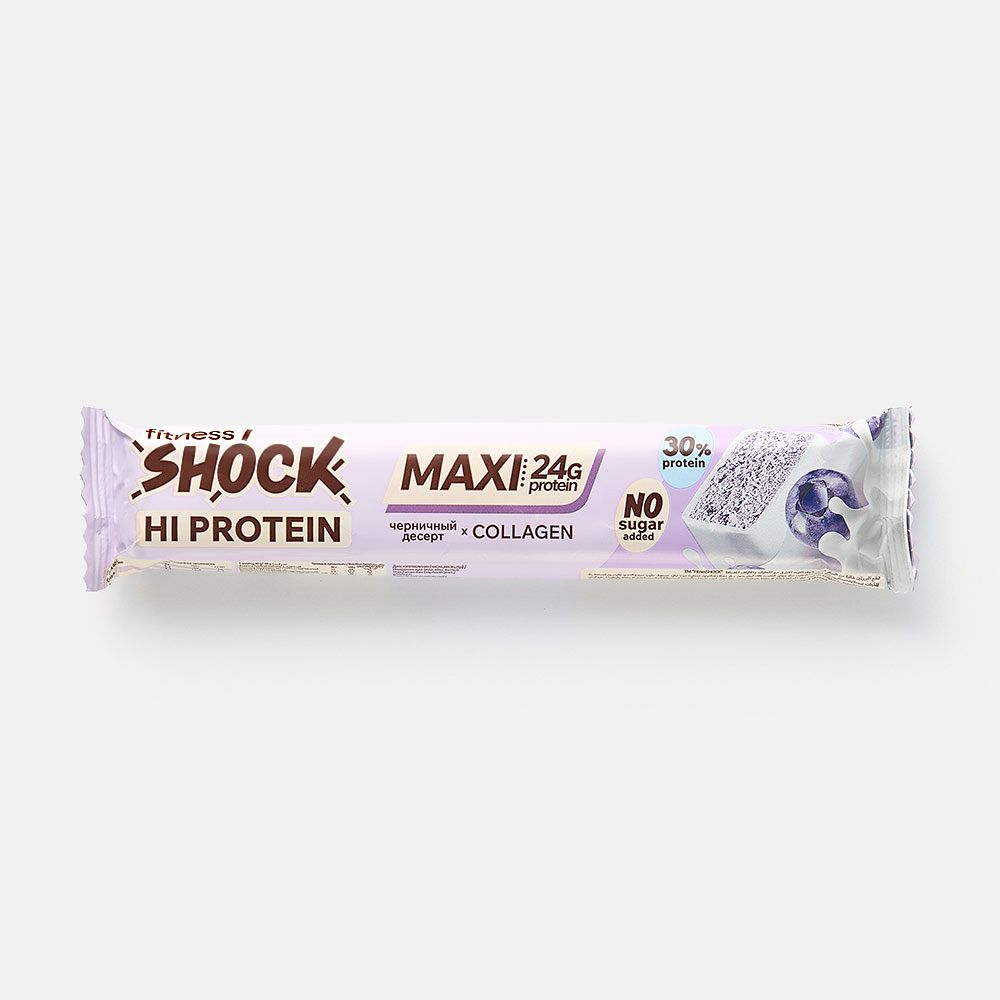 Изображение товара Батончик FitnesShock Hi Protein, Maxi, 30% протеина, без сахара, черничный десерт, в глазури, 80 г