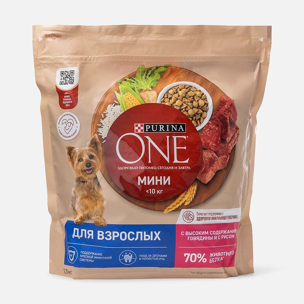 Изображение товара Сухой корм Purina One, для взрослых собак мелких и карликовых пород, с говядиной и рисом, 1,5 кг