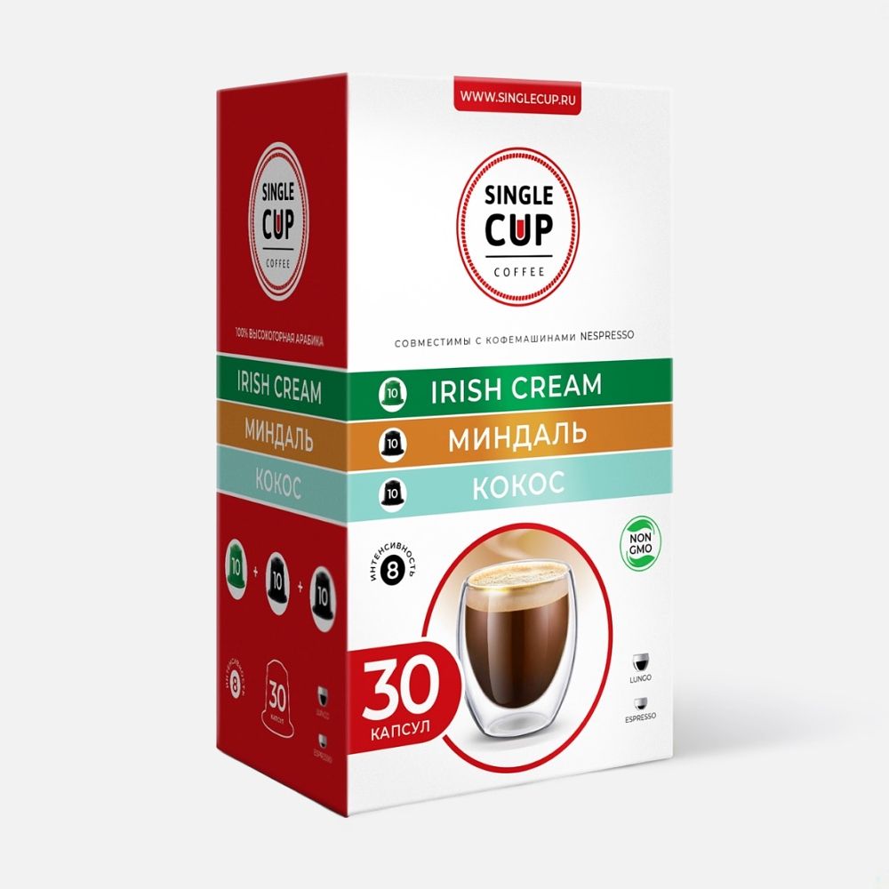 Изображение товара Набор кофе в капсулах Single Cup Coffee Ирландский крем, Миндаль, Кокос, 30 шт., 1 шт.