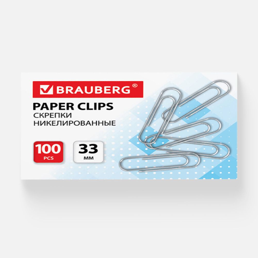 Изображение товара Скрепки металлические Brauberg,33 мм,100шт, никелированные, , i4606224327334, 1 шт.