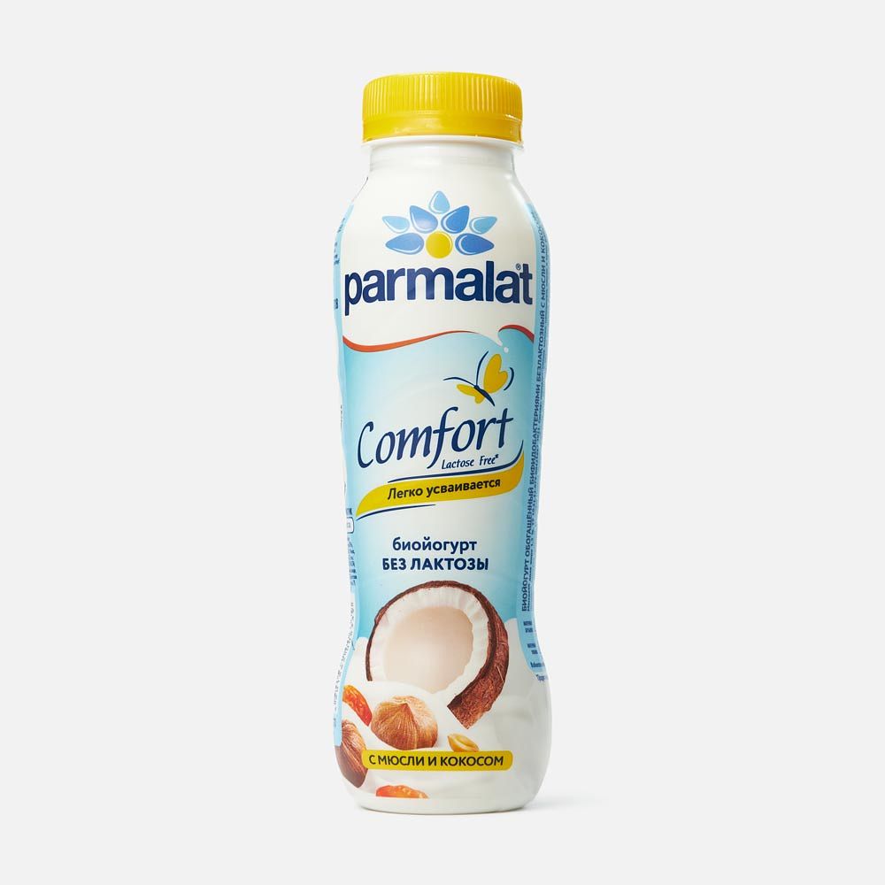 Изображение товара Биойогурт Parmalat Comfort, питьевой, безлактозный, мюсли-кокос, 1,5%, 290 г