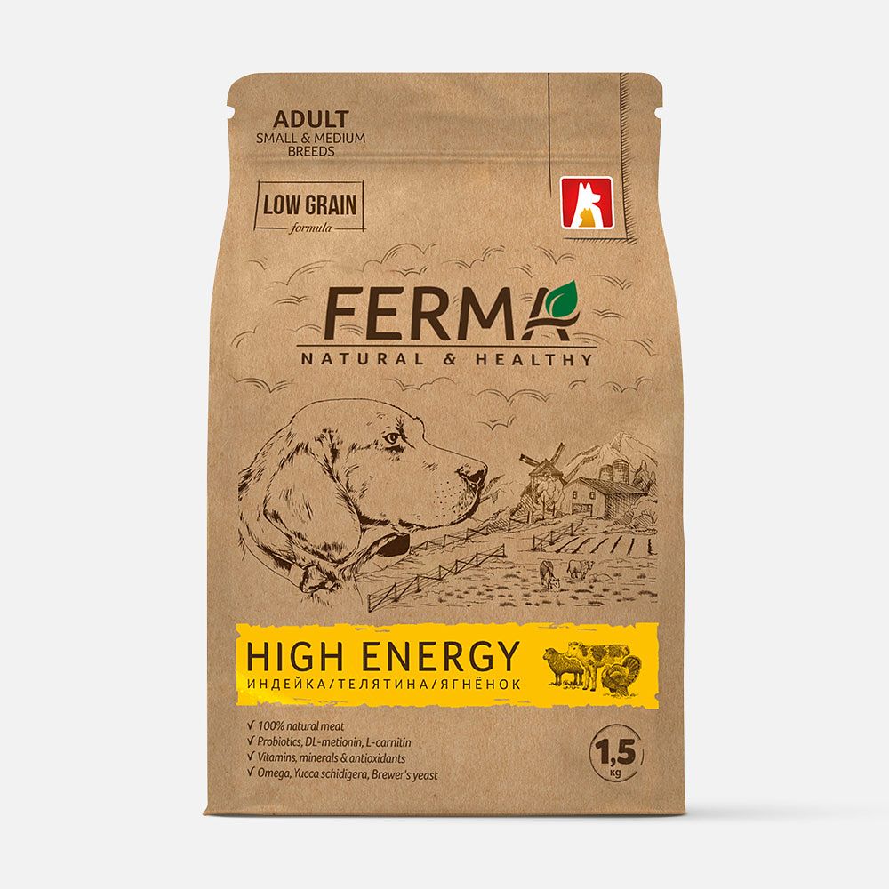 Изображение товара Корм сухой для собак Зоогурман Ferma High Energy с индейкой, телятиной и ягнёнком, 1,5 кг