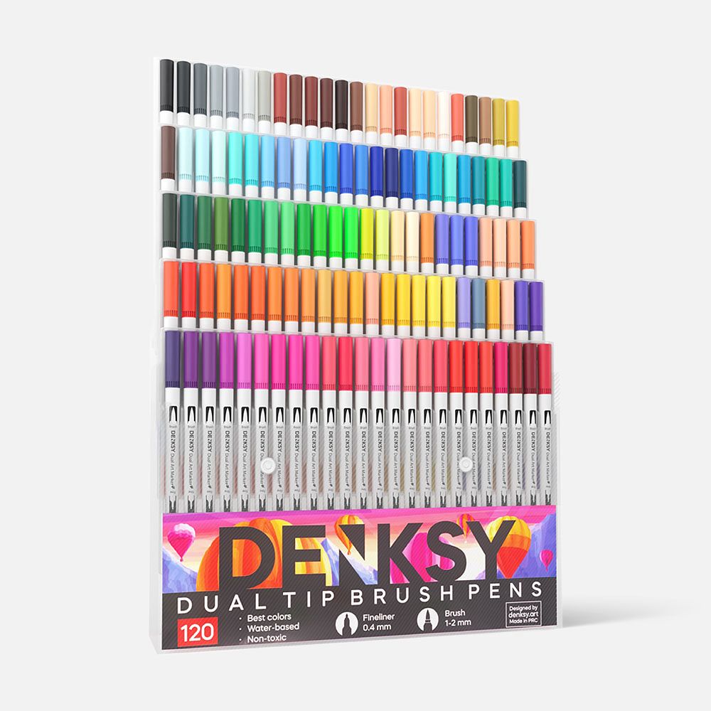 Изображение товара Двусторонние маркеры Denksy, кисть и линер, корпус белый, 120 шт.