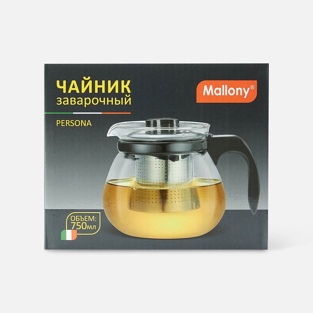 Изображение товара Заварочный чайник Mallony Persona, с фильтром, чёрный, прозрачный, 750 ил