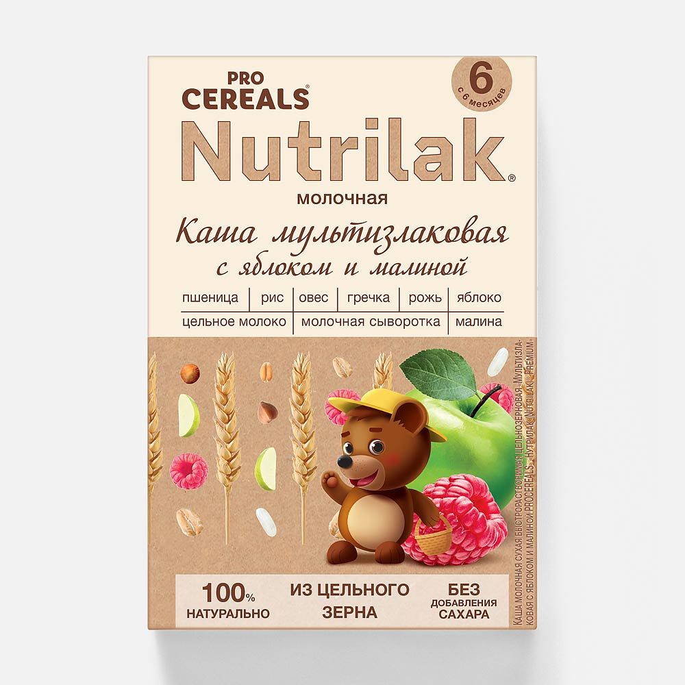 Изображение товара Каша Nutrilak, Pro Cereals, молочная, мультизлаковая, с яблоком и малиной, без сахара, с 6 месяцев, 200 г