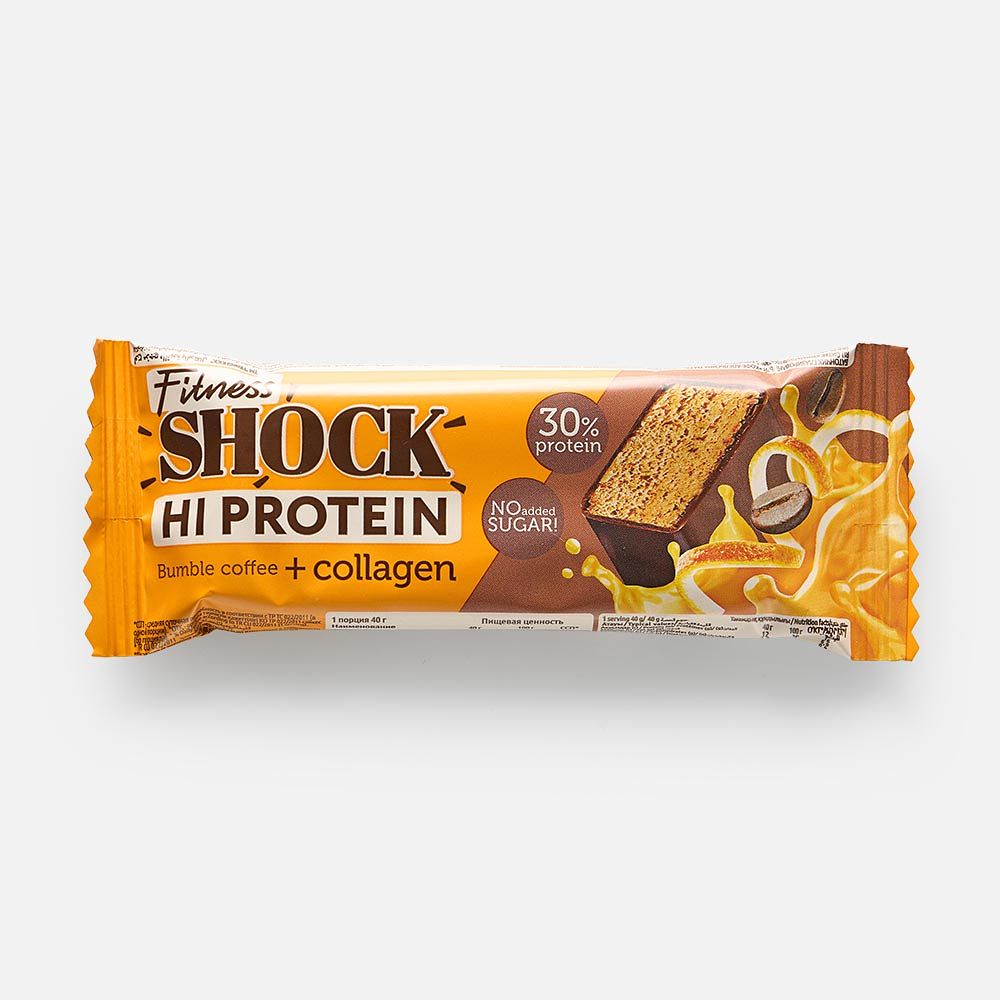 Изображение товара Батончик FitnesShock Hi Protein, 30% протеина, без сахара, кофе и апельсин, в глазури, 40 г