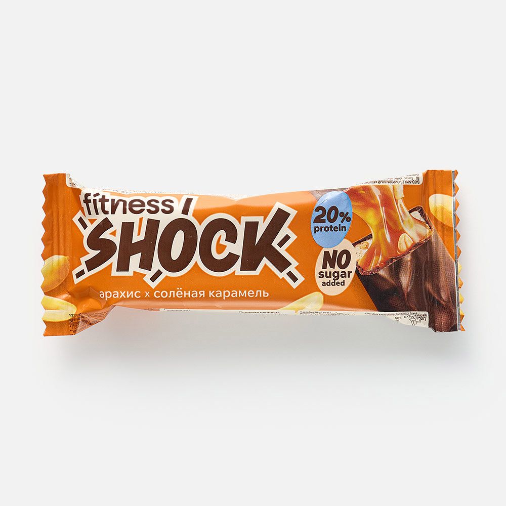 Изображение товара Батончик FitnesShock, 20% протеина, без сахара, глазированный, арахис и солёная карамель, 50 г
