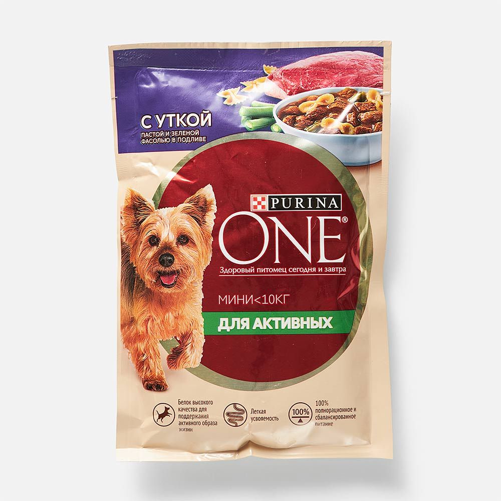 Изображение товара Влажный корм для собак Purina One Мини, Активная, с уткой, пастой и зелёной фасолью, 85 г
