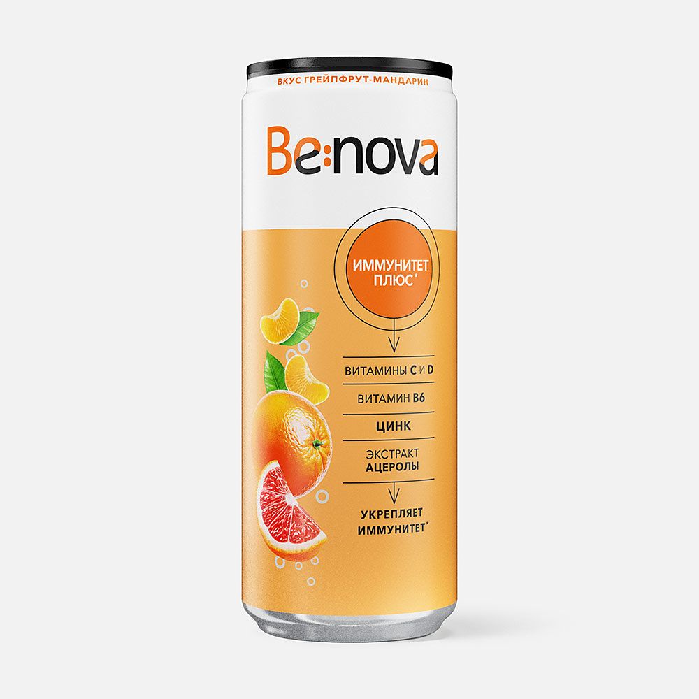Изображение товара Напиток Be:nova Beauty Glow, грейпфрут и мандарин, с газом, 0,33 л