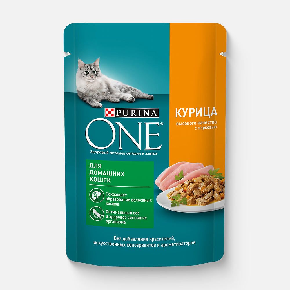 Изображение товара Влажный корм Purina One, для домашних кошек, с курицей и морковью, 75 г