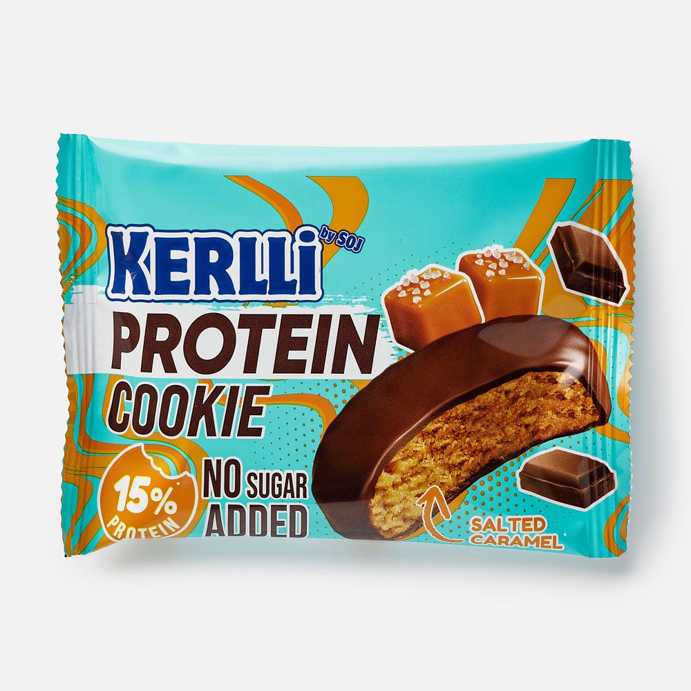Изображение товара Печенье Slice of Joy Kerlli, 15% протеина, без сахара, глазированное, солёная карамель, 45 г