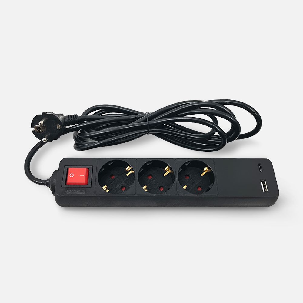 Изображение товара Фильтр сетевой Utmaster Import & Export с подсветкой, 3 розетки, 2 USB, 3 метра, чёрный, 1 шт.