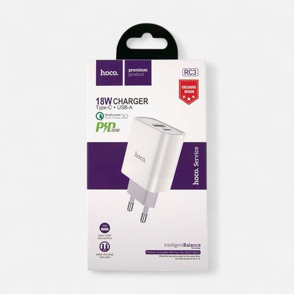 Изображение товара Сетевое зарядное устройство Hoco, RC3, 1xUSB, 1xUSB Type-C, 3,1 A, белое