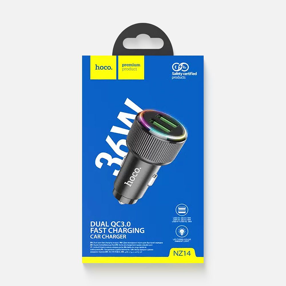 Изображение товара Автомобильное зарядное устройство Hoco, 2 USB QC3.0, 18 Вт+18 Вт, чёрное
