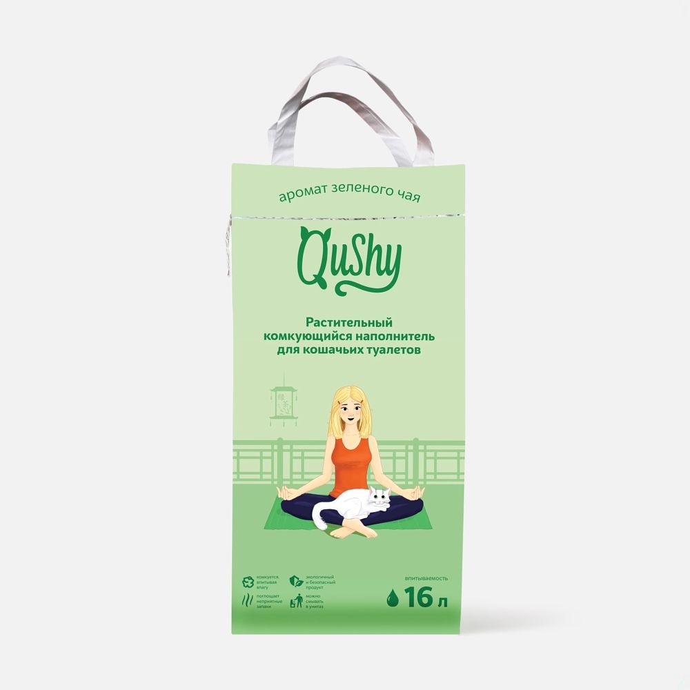 Изображение товара Комкующийся наполнитель Qushy растительный, зелёный чай, 6 кг, 16 л
