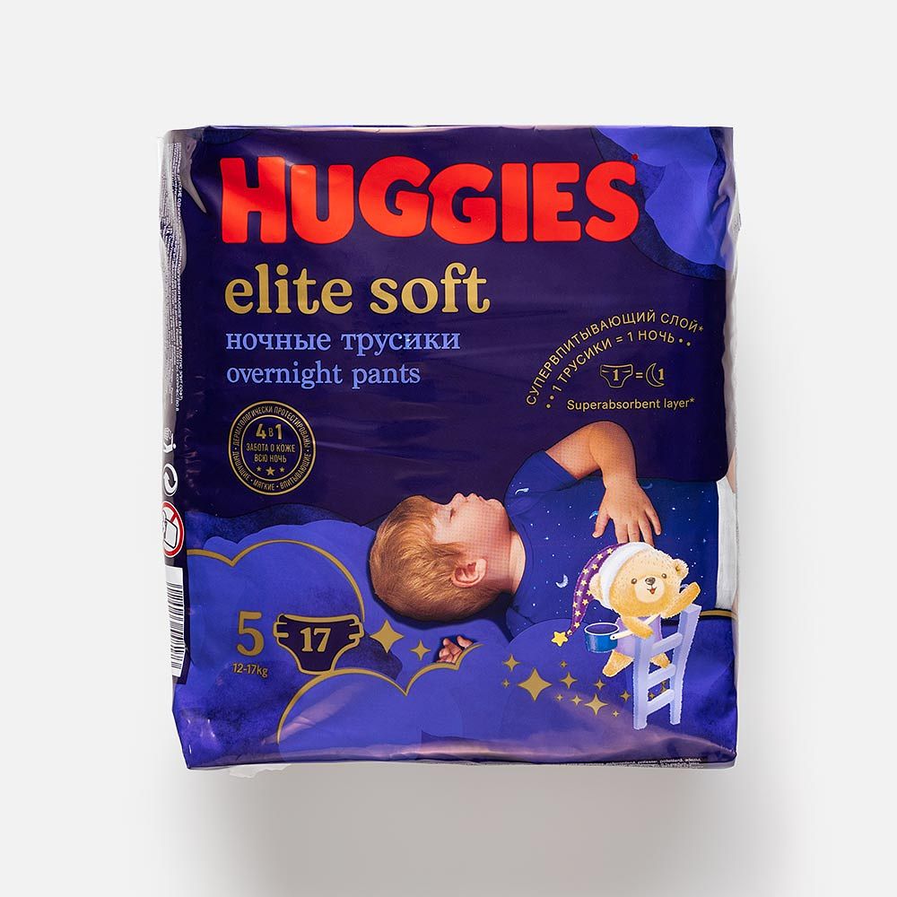 Изображение товара Подгузники-трусики Huggies Elit Soft 5, ночные, 12-17 кг, 17 шт.