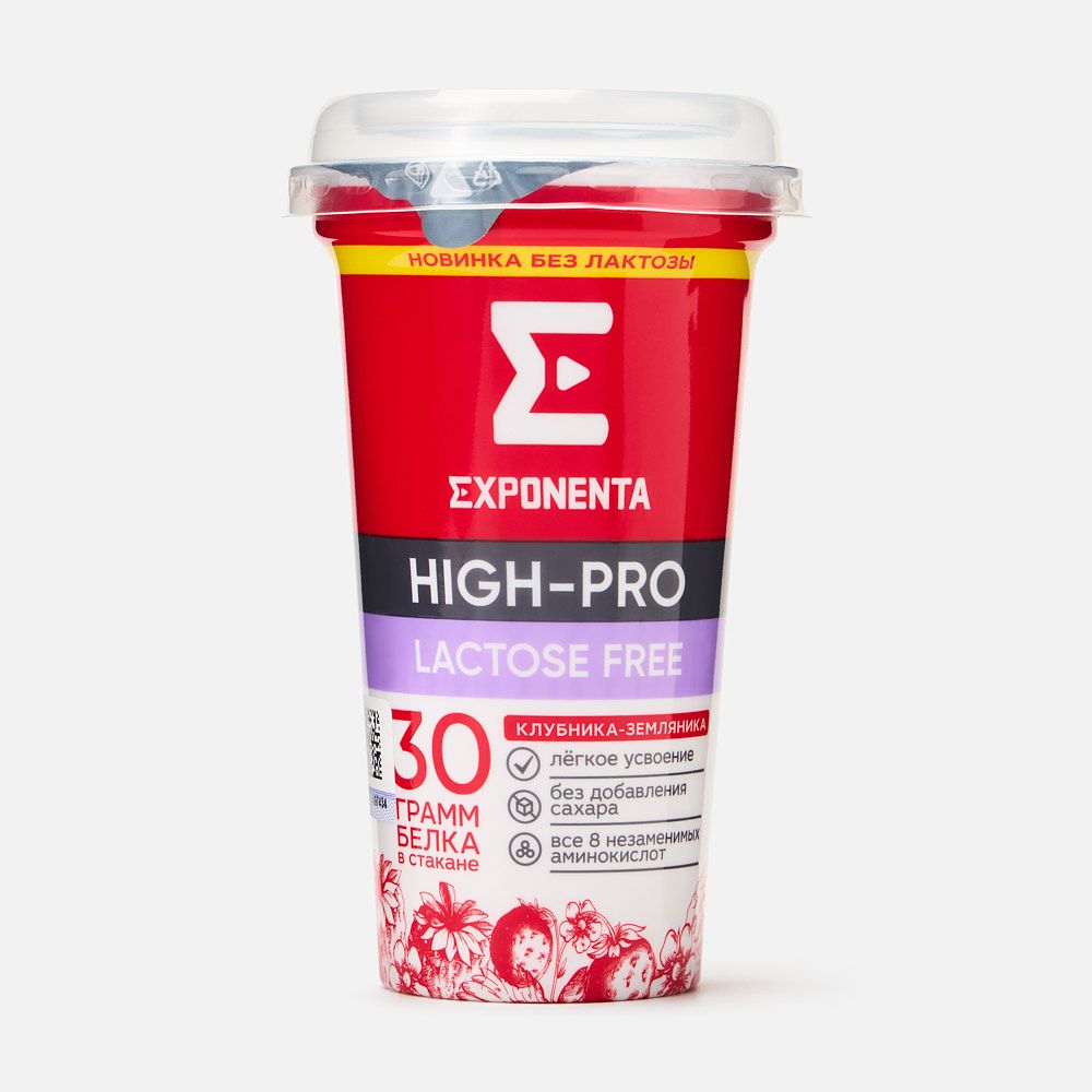 Изображение товара Кисломолочный напиток Exponenta High-Pro, обезжиренный, без лактозы, клубника и земляника, 250 г