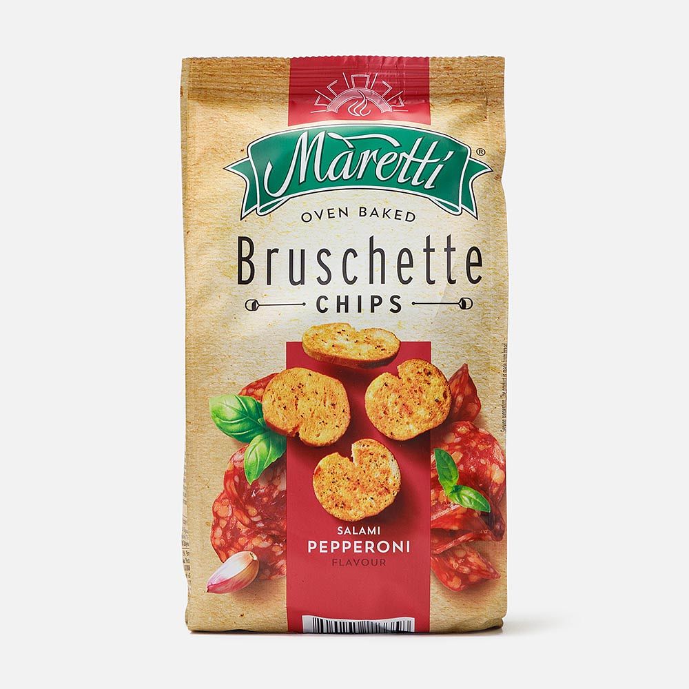 Изображение товара Хлебные ломтики Maretti Bruschette, печёные, салями и пеперони, 70 г