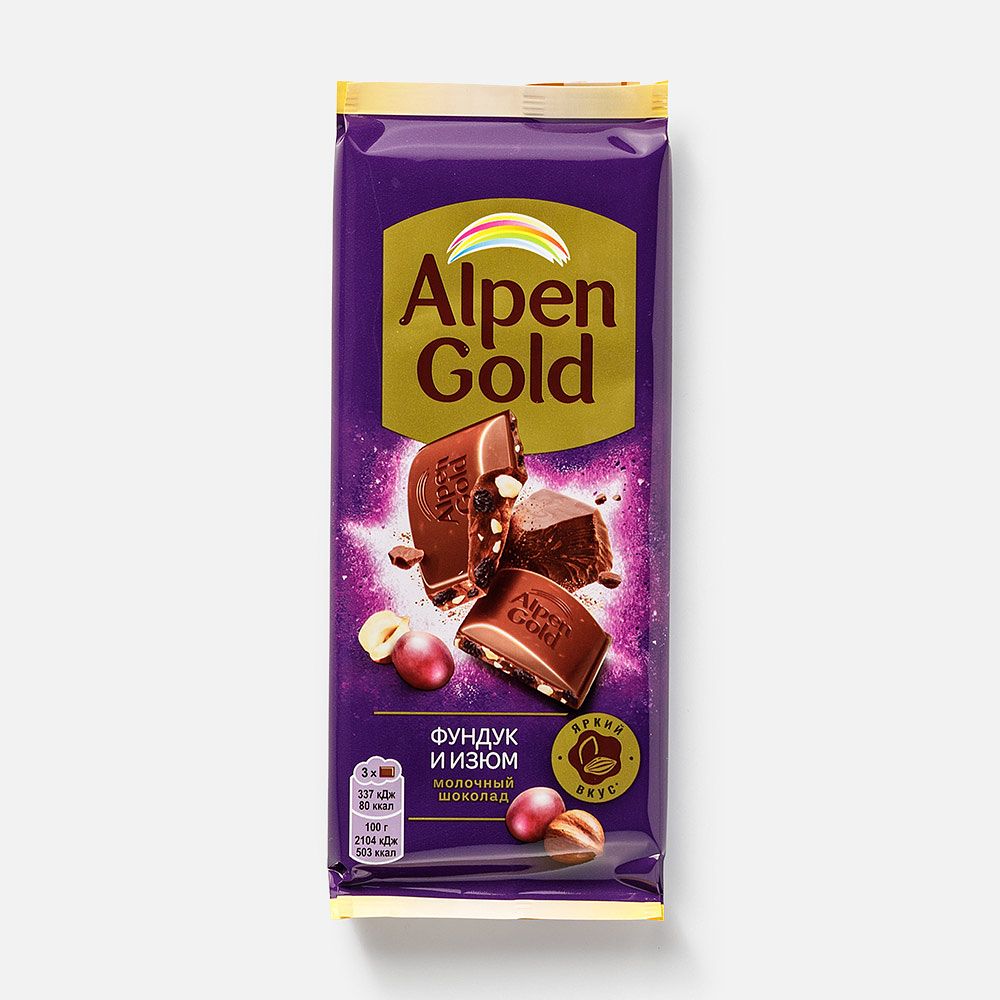 Изображение товара Молочный шоколад Alpen Gold, с фундуком и изюмом, 80 г