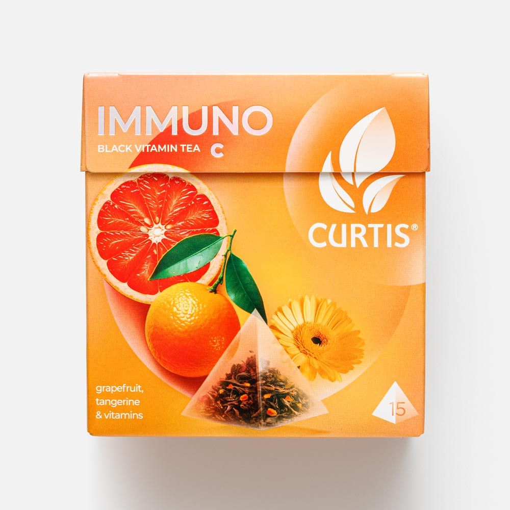Изображение товара Чёрный чай Curtis, Immuno, грейпфрут, лайм и мандарин, в пирамидках, 15 шт.