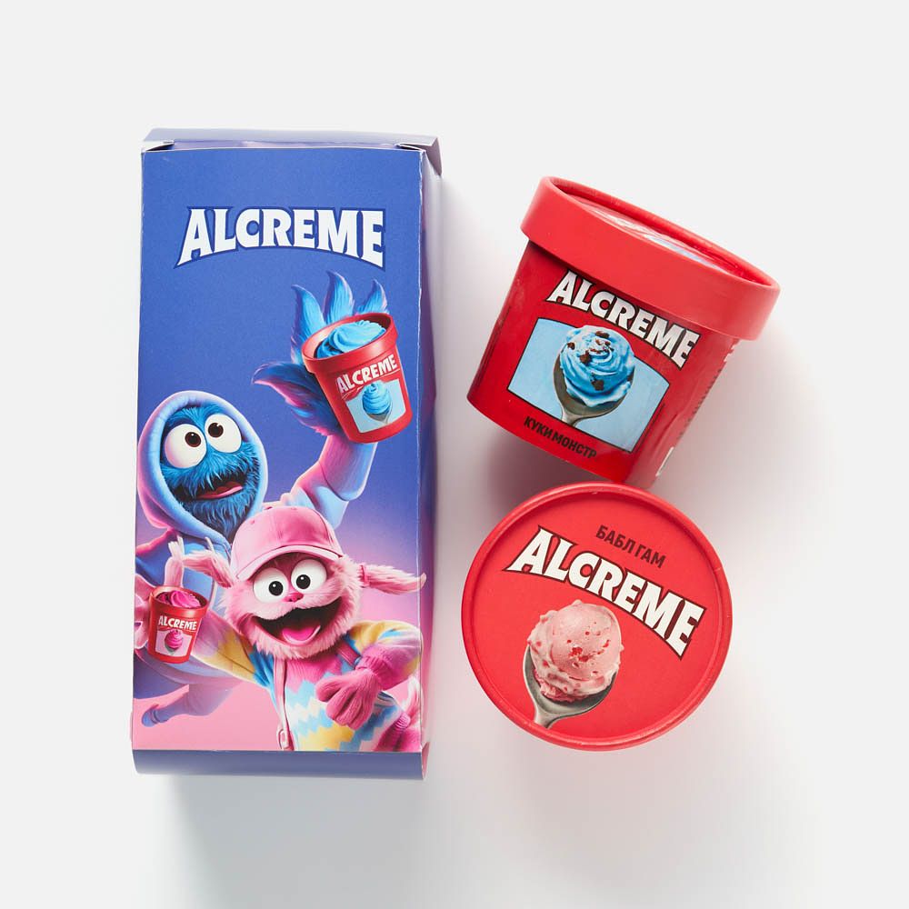 Изображение товара Набор мороженого Alcreme, Айс монстрики, сливочное бабл-гам и пломбир с шоколадным печеньем, 150 г