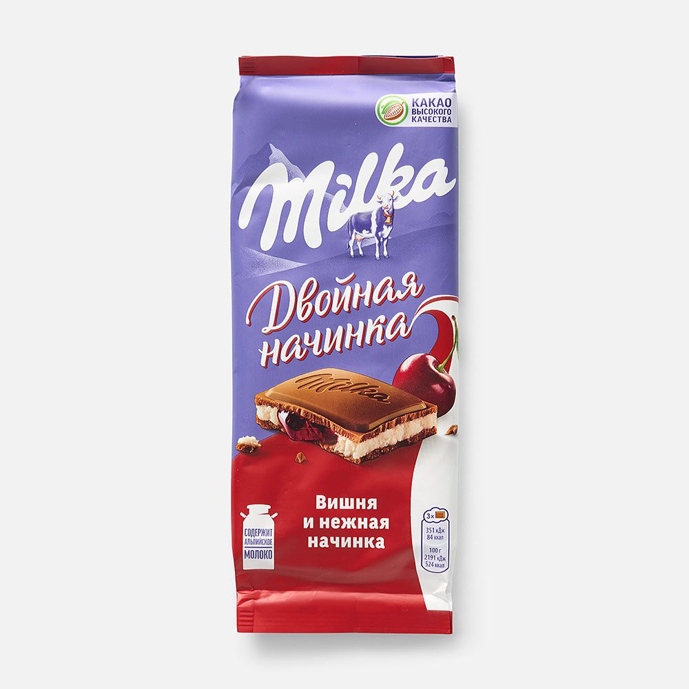 Изображение товара Молочный шоколад Milka, Двойная начинка, вишня и нежная начинка, 80 г
