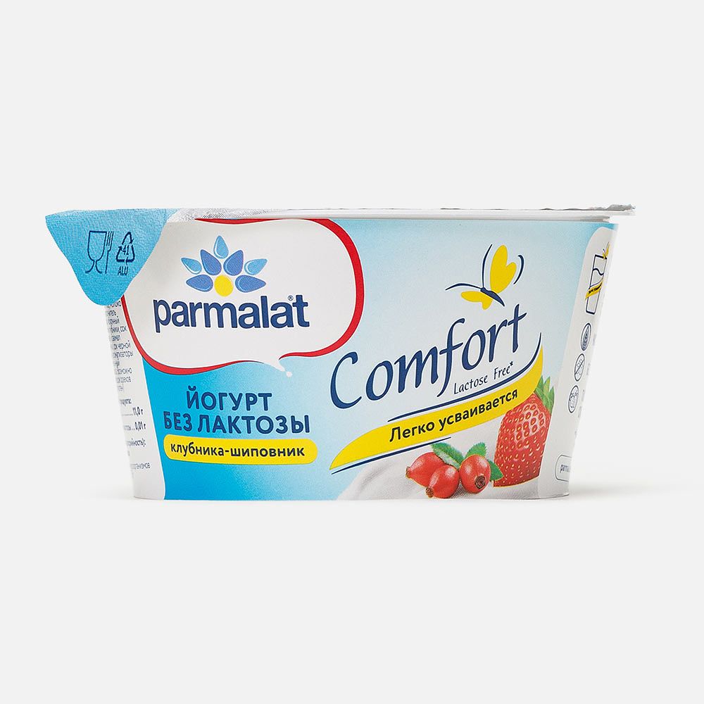 Изображение товара Йогурт Parmalat Comfort, 3%, без лактозы, клубника и шиповник, 130 г