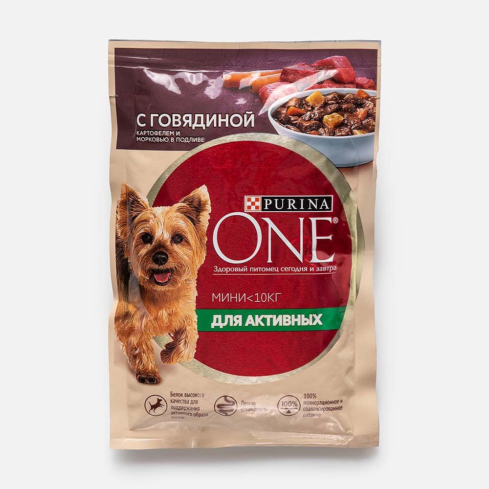 Изображение товара Влажный корм для собак Purina One Мини, для активных взрослых пород, с говядиной и овощами, 85 г