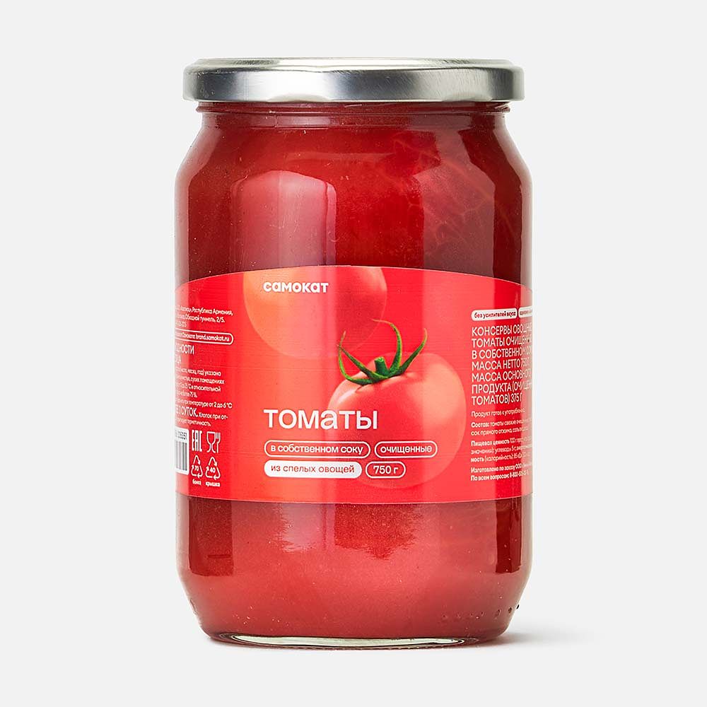 Изображение товара Томаты Самокат, очищенные, в собственном соку, 750 г