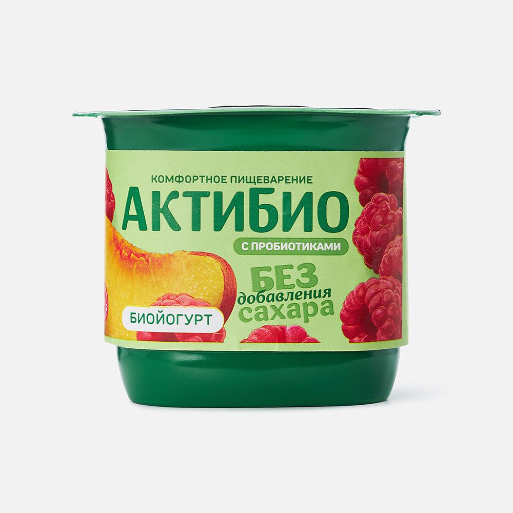 Изображение товара Йогурт АктиБио, 3%, безлактозный, без сахара, с персиком и малиной, 130 г