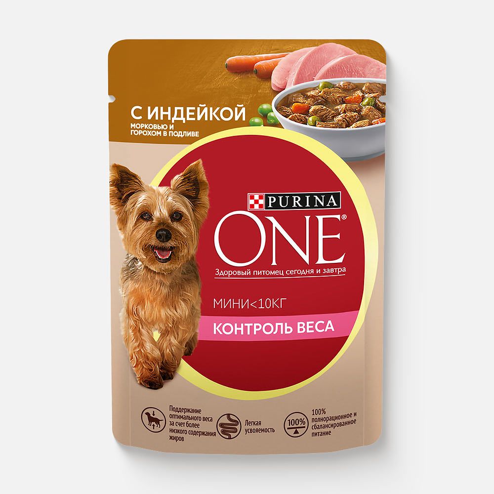 Изображение товара Влажный корм Purina One, Мини, контроль веса для мелких пород, с индейкой, морковью и горохом, 85 г