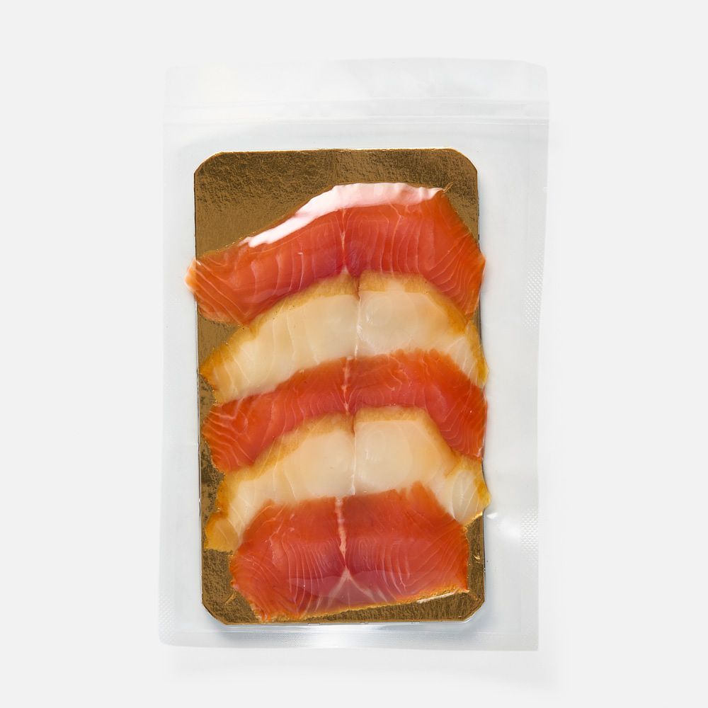 Изображение товара Рыбное ассорти Extra Fish, холодного копчения, масляная рыба и форель, ломтики, 100 г