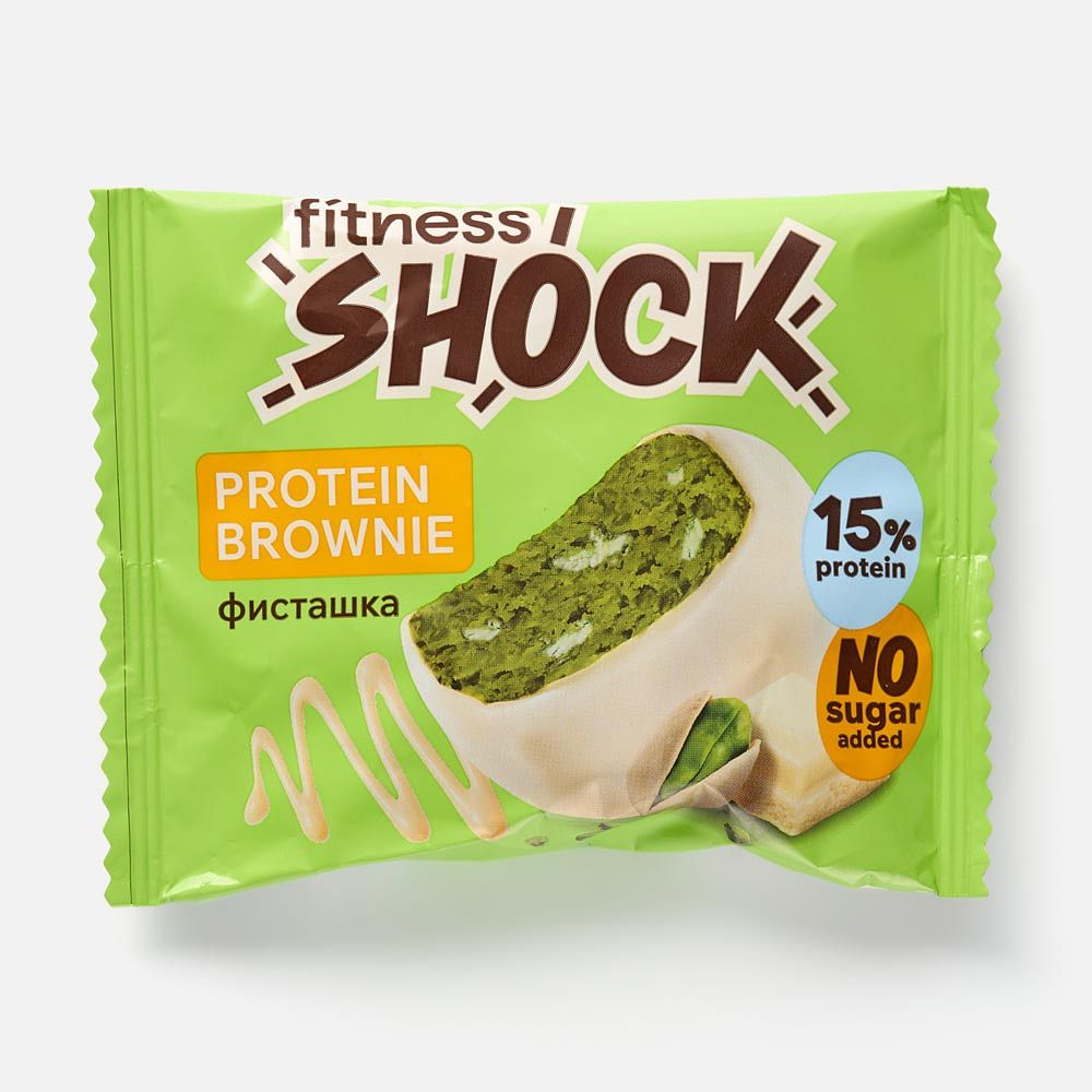 Изображение товара Брауни FitnesShock, 15% протеина, без сахара, белый шоколад и фисташка, 50 г