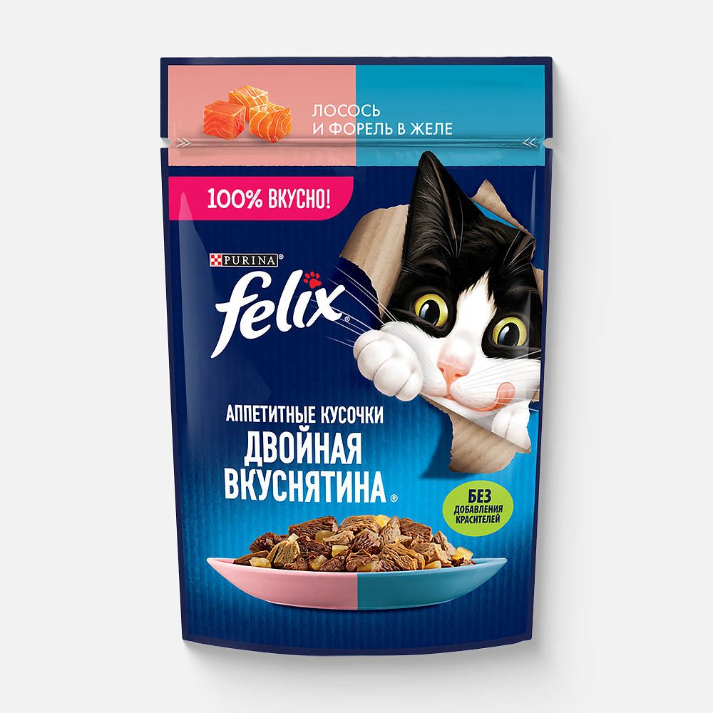 Изображение товара Влажный корм Felix, Двойная Вкуснятина, для кошек, с лососем и форелью, в желе, 75 г