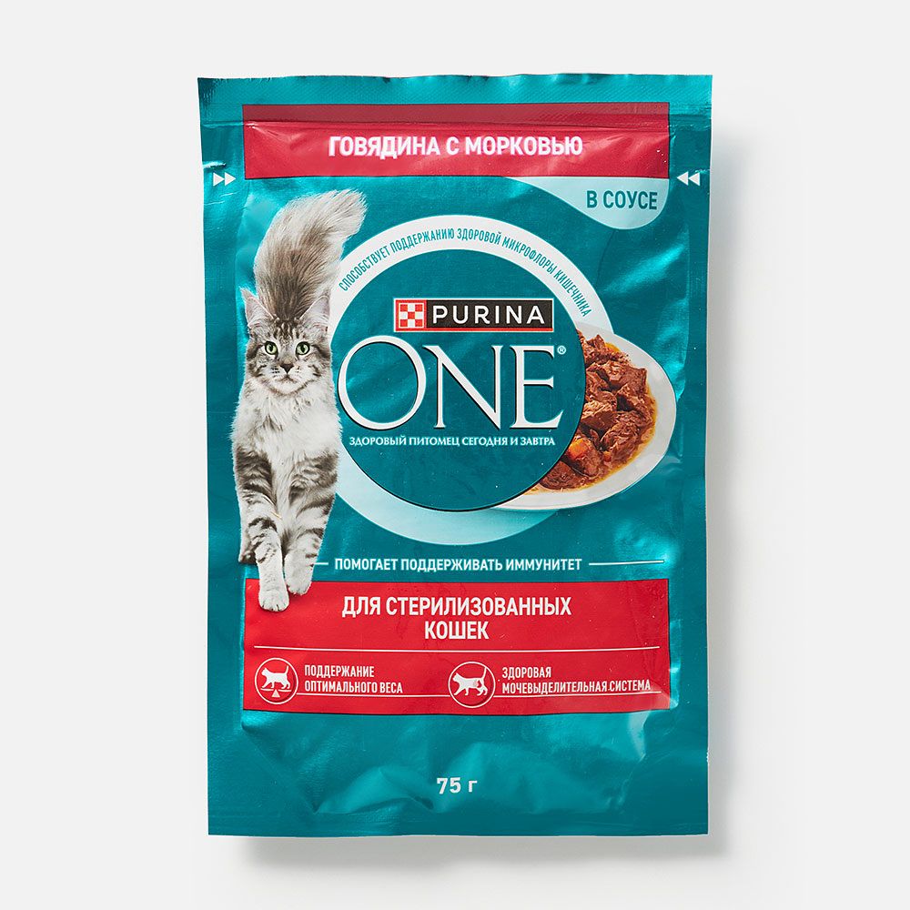 Изображение товара Влажный корм Purina One, для стерилизованных кошек, с говядиной и морковью, 75 г