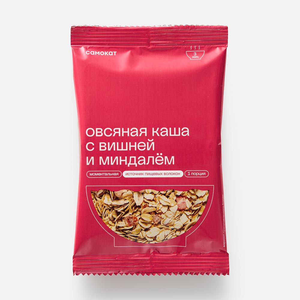Изображение товара Овсяная каша Самокат, моментального приготовления, со сливками, вишня и миндаль, 37 г