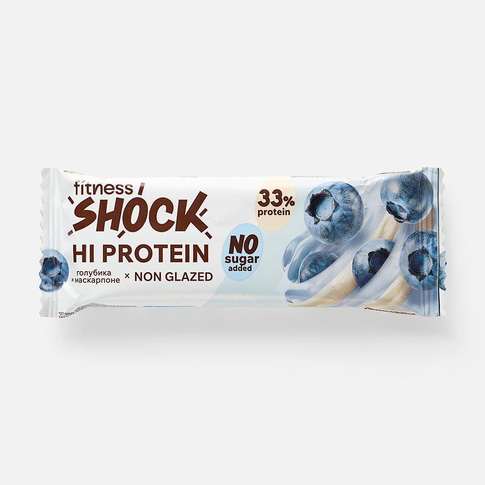 Изображение товара Батончик FitnesShock, 33% протеина, без сахара, неглазированный, маскарпоне и голубика, 60 г