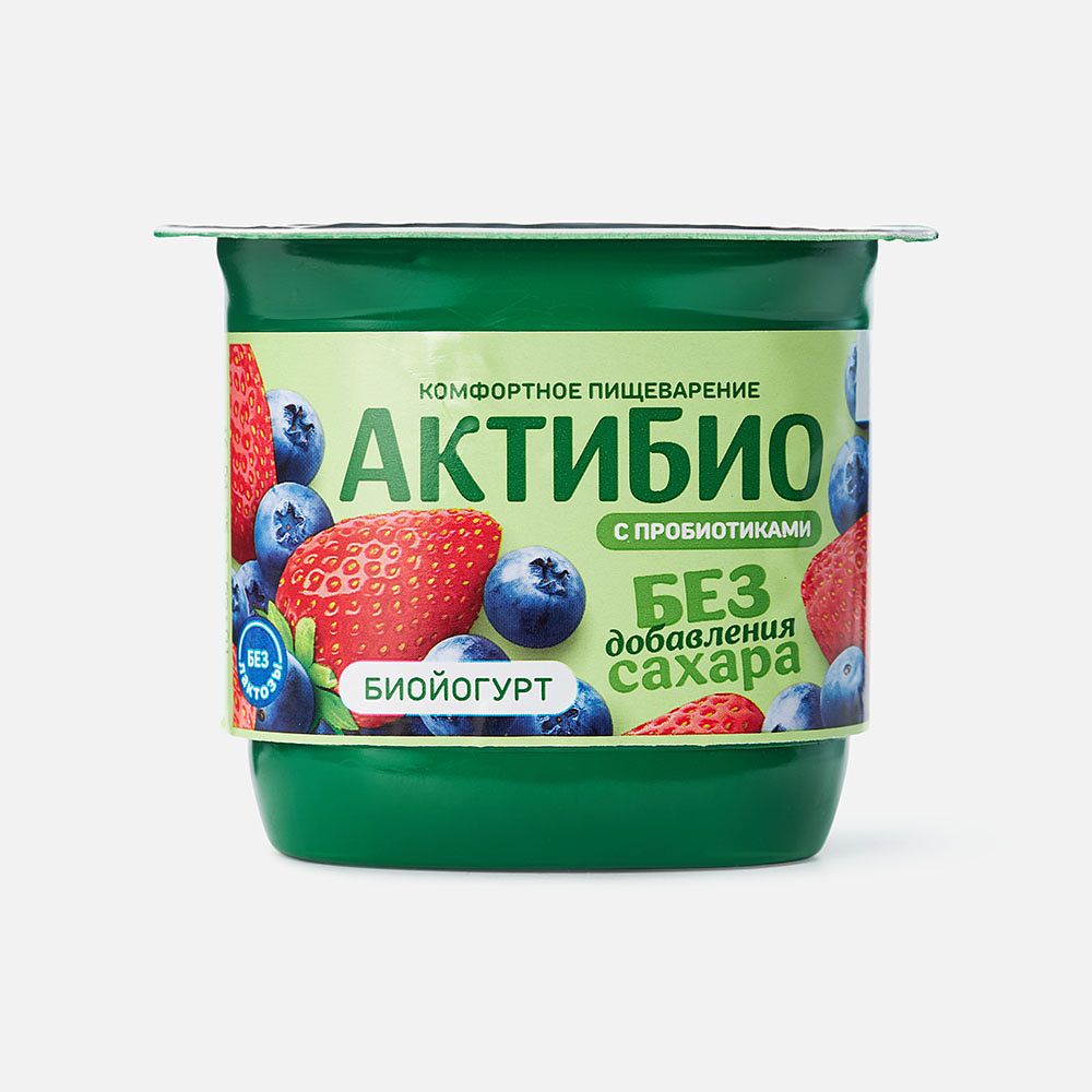 Изображение товара Йогурт АктиБио, 3%, безлактозный, без сахара, с клубникой и черникой, 130 г