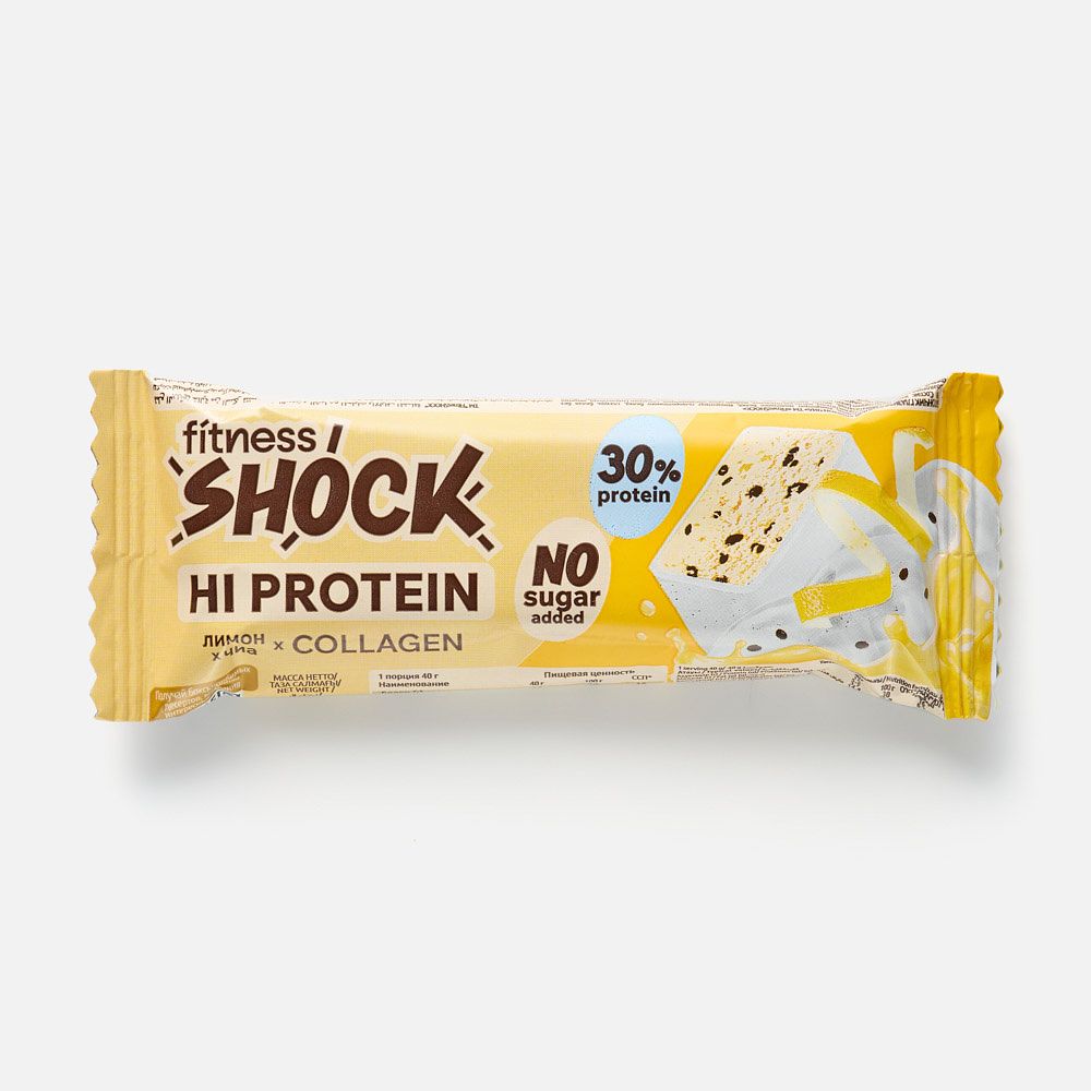 Изображение товара Батончик FitnesShock Hi Protein, 30% протеина, без сахара, лимон и чиа, в глазури, 40 г