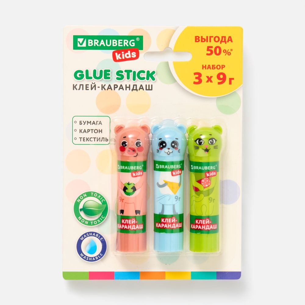 Изображение товара Клей-карандаш Brauberg Kids Зверята, Хрюшка, тигр и панда, с фигурным колпачком, 9 г, 3 шт.