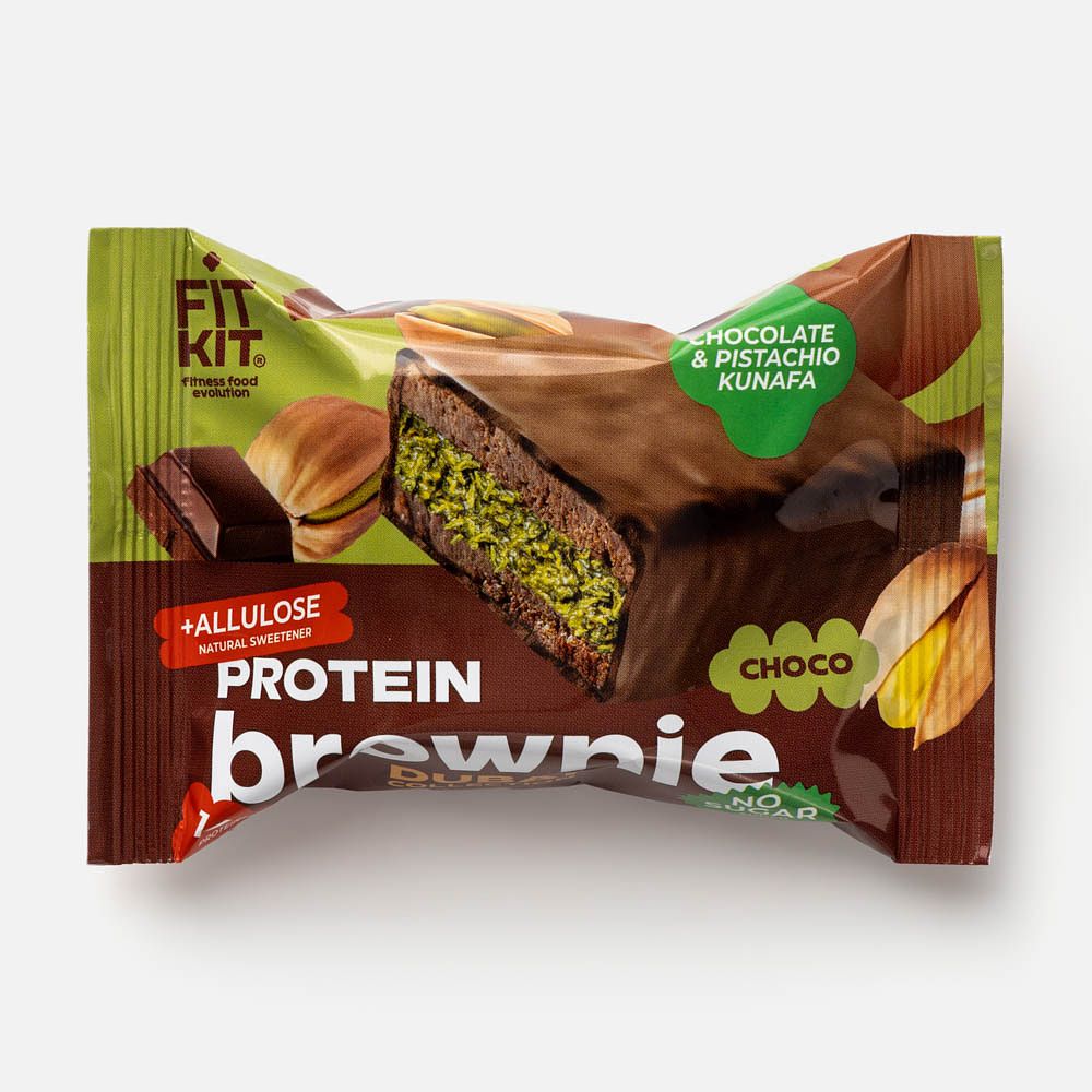 Изображение товара Десерт Fit Kit Брауни, 14% протеина, без сахара, глазированный, шоколад и фисташковая кунафа, 50 г
